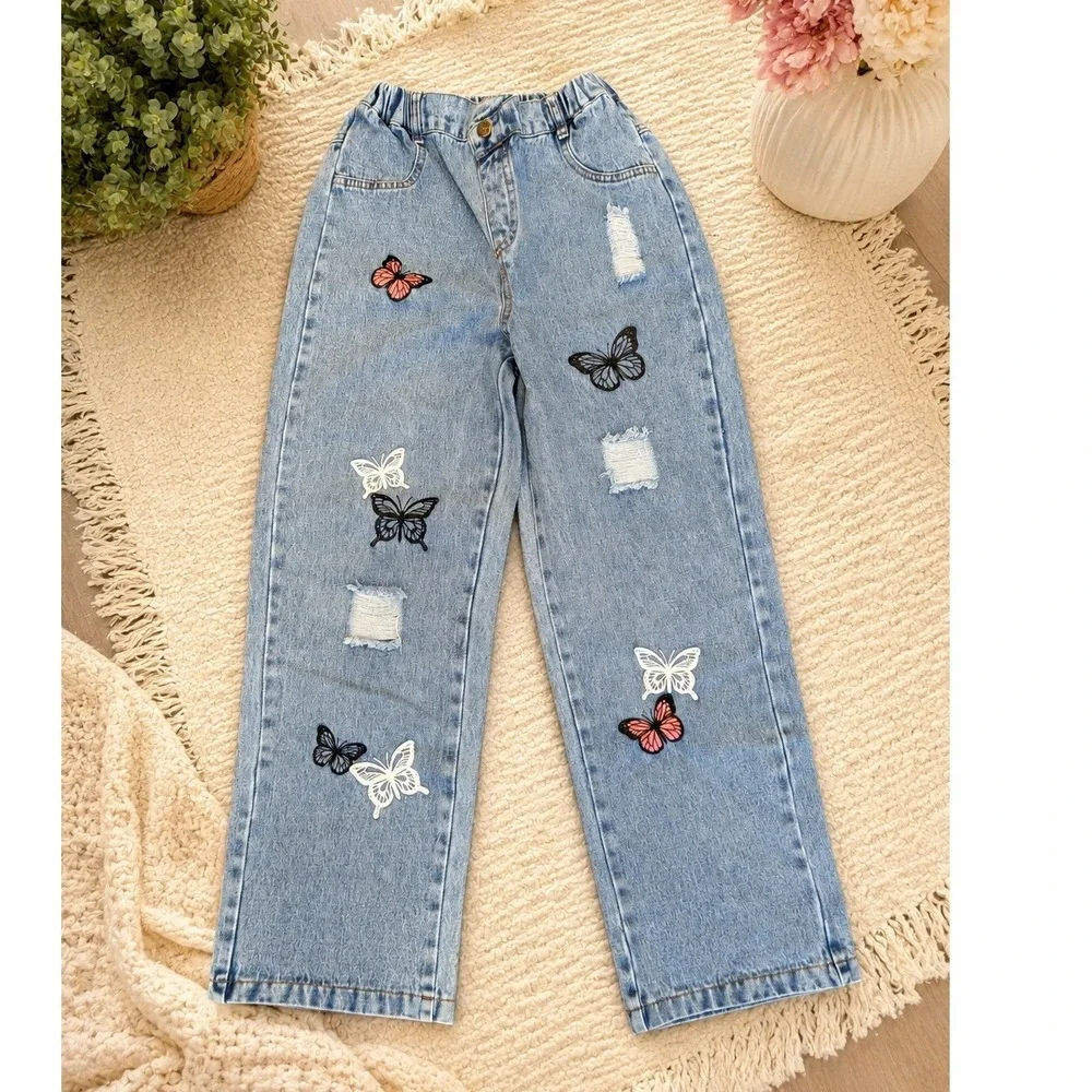 Shein Girls Butterfly Embroidered Distressed Wide Leg Jeans Size 11Y